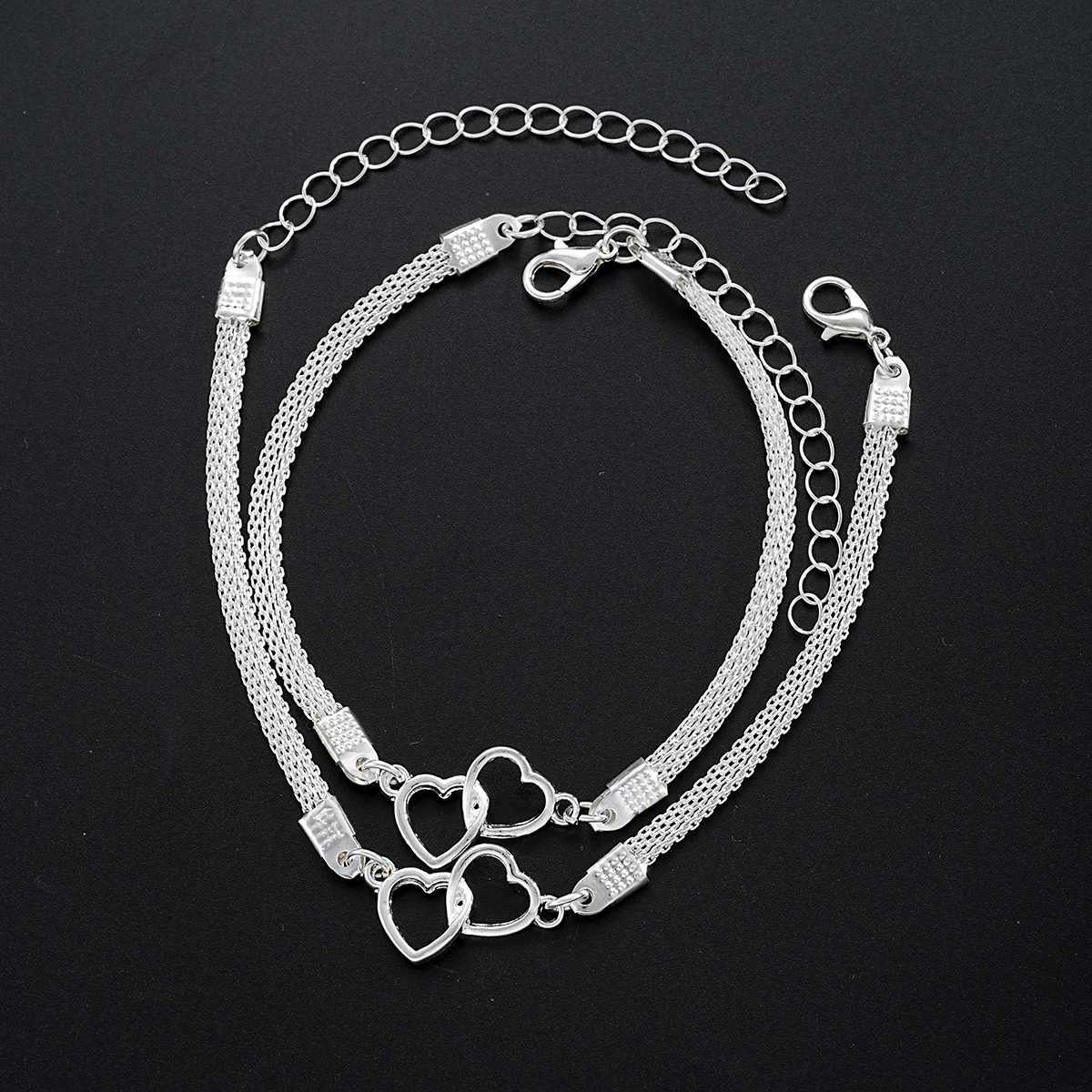 2 Pcs Set Heart Couple Bracelets for Women Men Silver Color Double Layer Matching Chain Bracelet r Jewelry GiftXJ250109