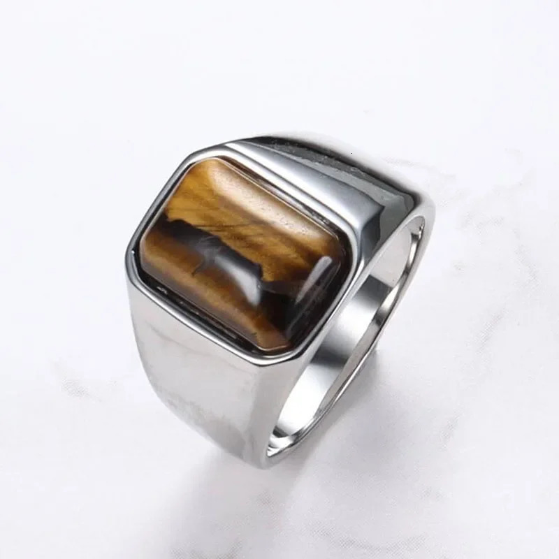 Natural Gemstone Tiger Eye Signet Ring Stainless Steel Waterproof Handmade Jewellery Rings for Men Women Father Boyfriend Gift 250106