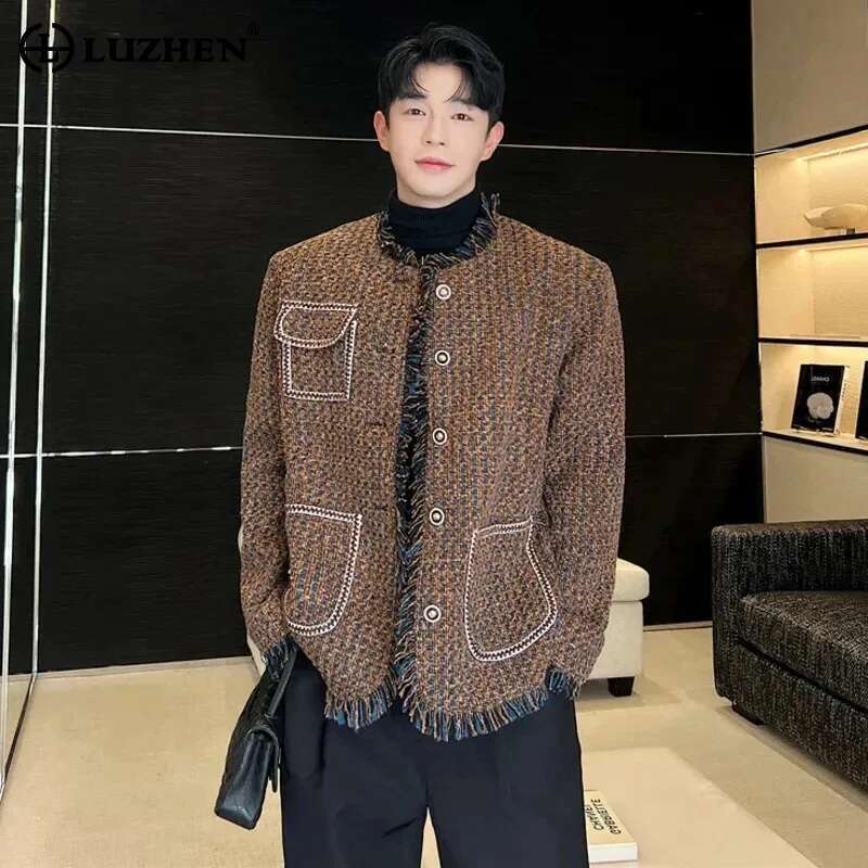 Tweed Woven Suit Jacket Trendy Men's Damaged Rough Edges Burrs Original Design Korean Elegant Stylish Blazer Coat Lz1730