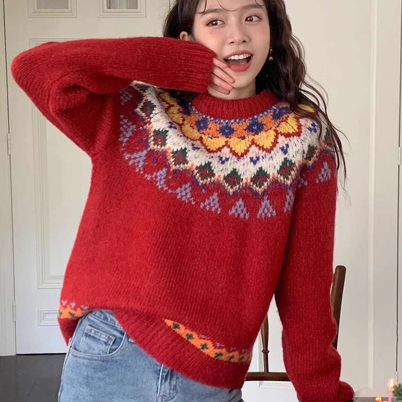 Fair Isle Vintage Pattern Sweaters For Girls Women Cute Christmas Red Knitted Pullover Comfortable Winter Jumper Loose Oversized