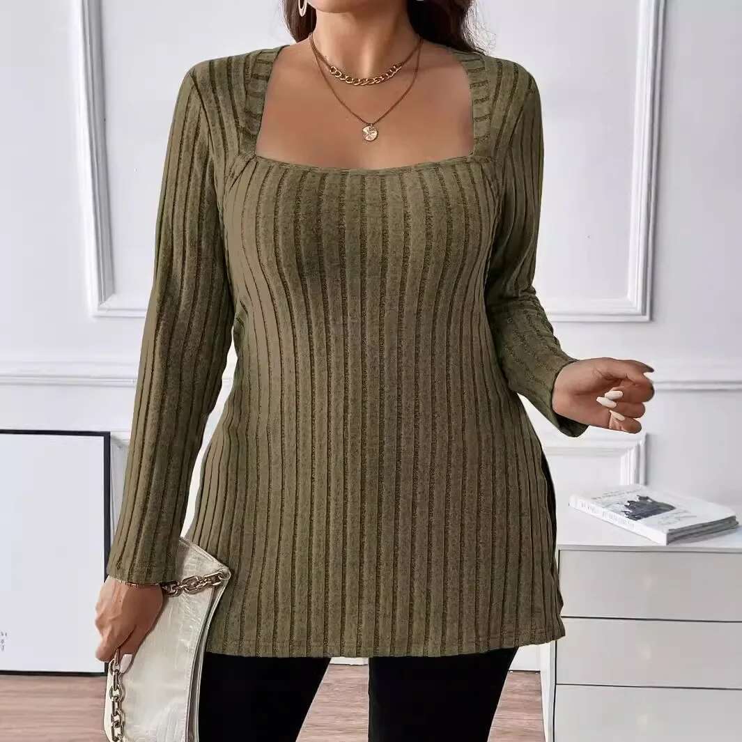 New Plus Size 1Xl-5Xl Women's Fashion Autumn And Winter Solid Color Sweater Ladies Square Neck Long Sleeved Casual Top