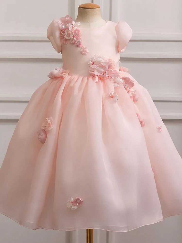 Pink Flower Girl Dresses For Wedding Floral Pearls Tea Length Baby Kids Birthday Ball Gowns Elegant First Communion GownsXJ250108