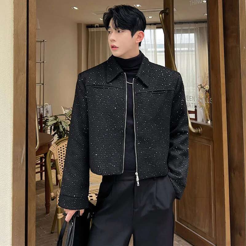 Stylish New Elegant Short Jacket Men's High Quality Trendy Sequin Outerwear Double Opening Zipper Korean Coat B2d7e9