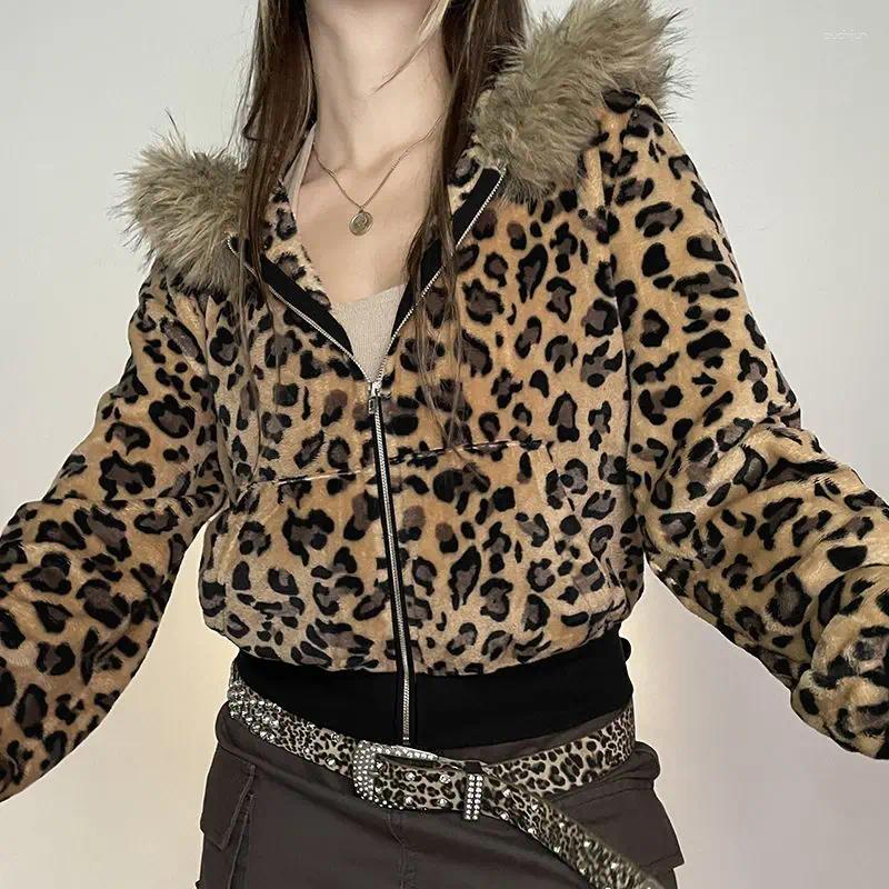 Women's Jackets Y2k Autumn Winter American Style Vintage Women High Street Jacket Hooded Fur Collar LEOPARD Chaquetas Zipper Design Sense