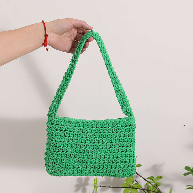 Versatile One Shoulder Cotton Thread New Small Fresh Square Underarm Grass Woven Bag Solid Color Commuter Handbag For Women
