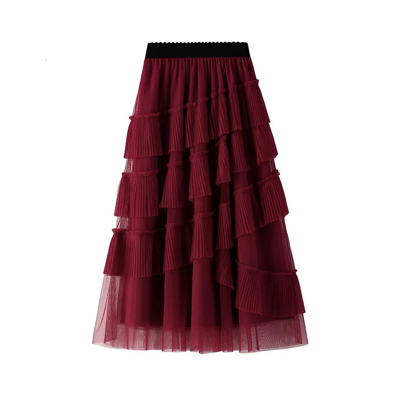 Spring Autumn Sweet Multi Layer Cake Tulle High Elastic Slanting Tiered Aline Female PartyPleated Long Mesh Skirts 250106
