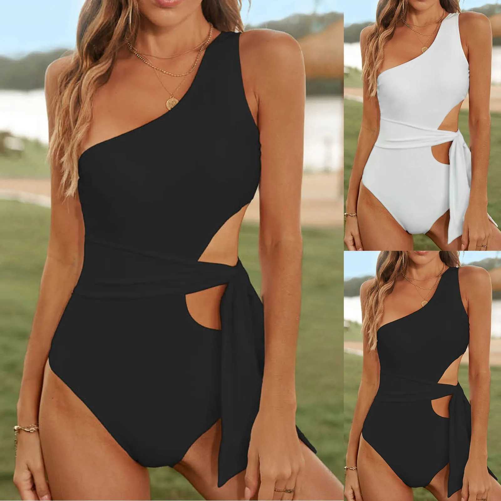 Swimsuit 2025 Trend Women Swimsuits One Shoulder Monokinis Tie Side Cut Out Bathing Suits Lace Up And Hollowed Out Solid BikiniXJ240108