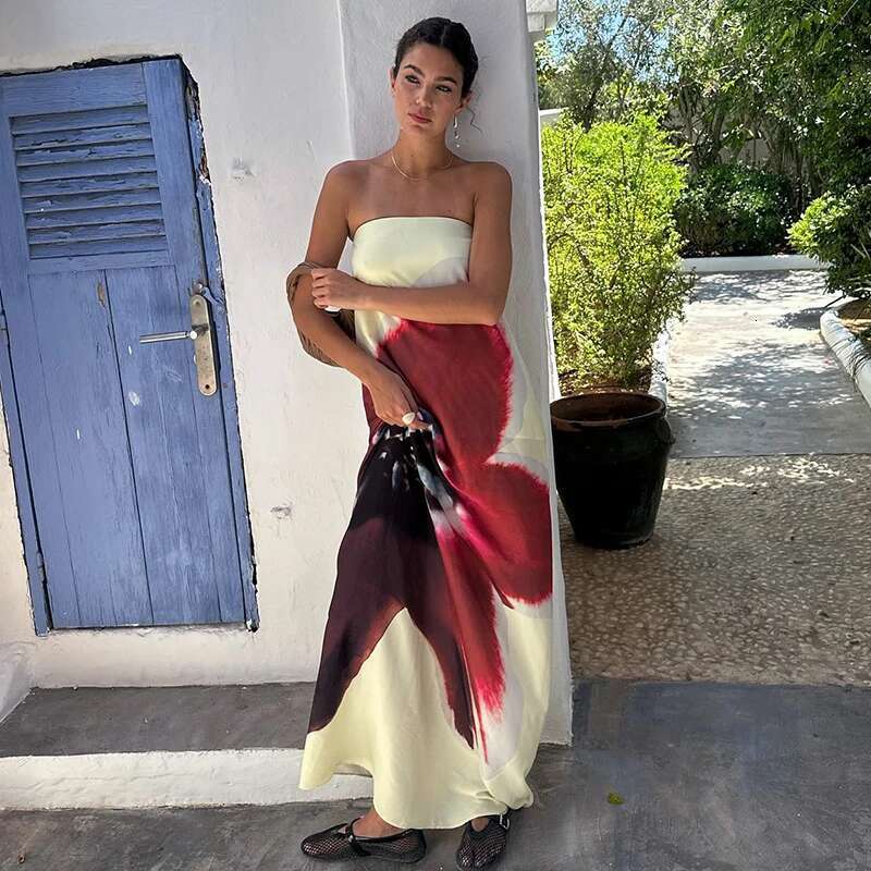 CUTENOVA Sexy Strapless Print Ral Belt Women Maixi Dress Yellow Backless High Waist Dresses Summer Holiday Elegant Beachwear