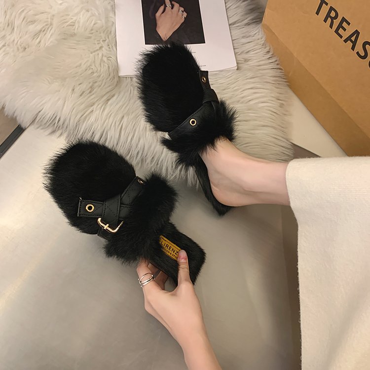 Women Slippers Winter Warm Flat Bottom New Fashion Square Toe Versatile Triple Black Beige Khaki Free shipping