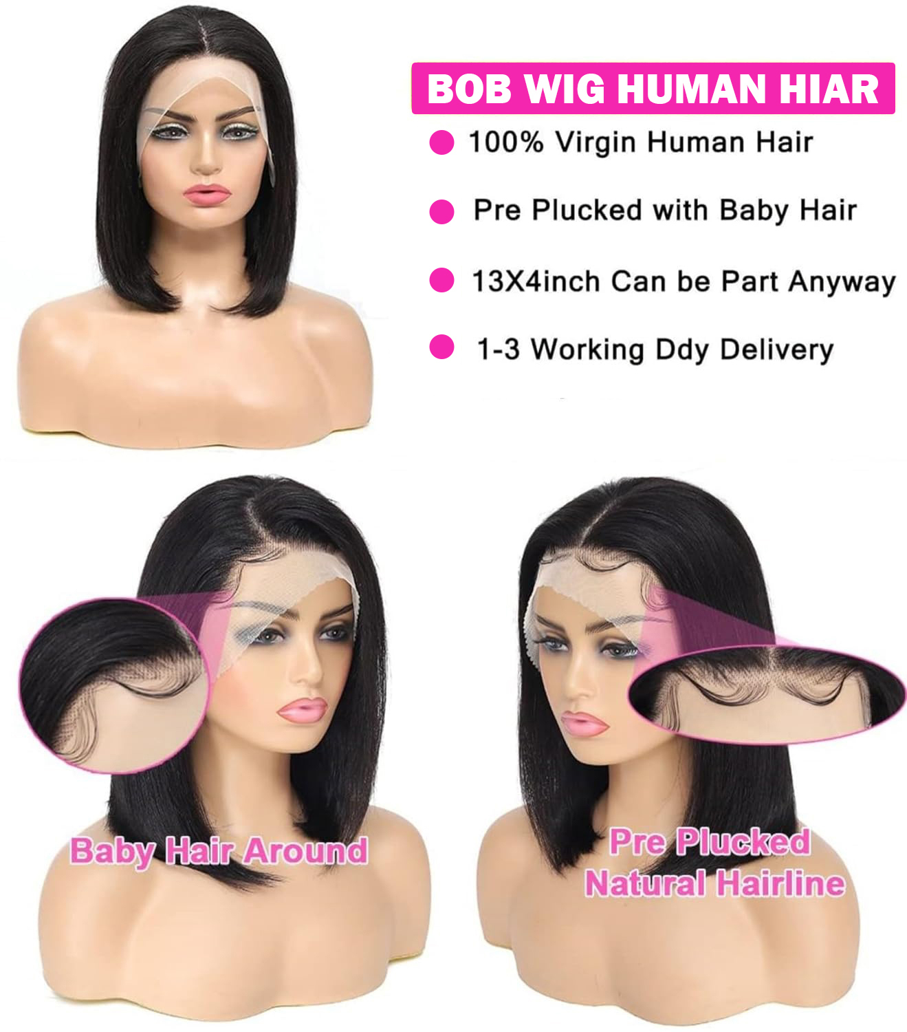 Straight Short Bob Wigs 16Inch Brazilian Virgin Human 13X4 Frontal Pre Plucked With Baby Hair 4X4 Lace Closure Wig