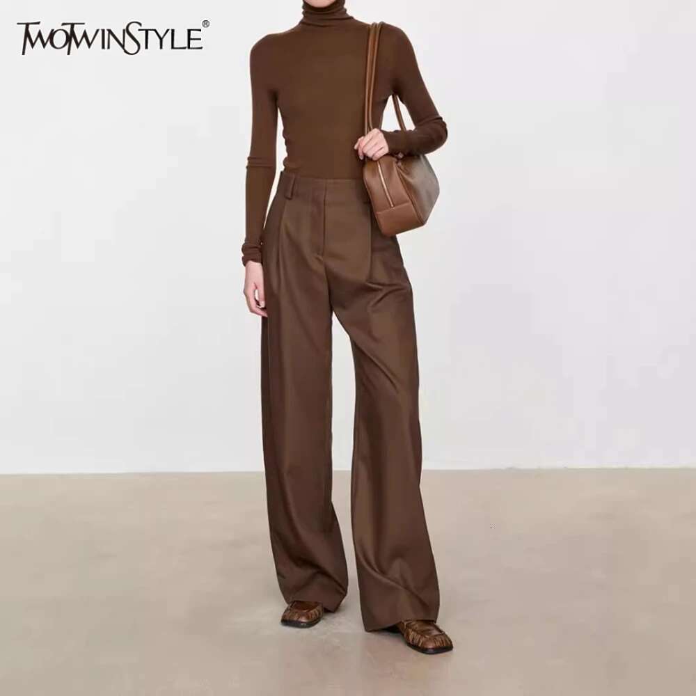 TWOTWINSTYLE Solid Loose Spliced Pockets Minimalism Pant For Women Patchwork Zipper High Waisted Wide Leg Pants Female Clothing