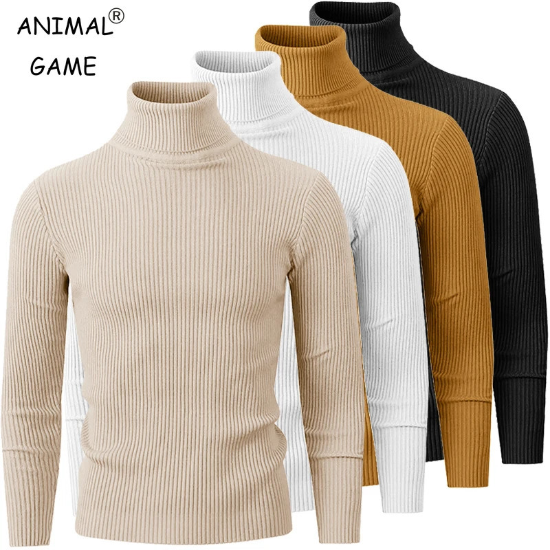 Mens turtle neck knitted sweater long sleeved striped streetwear autumn oversized black sweater mens solid color basic top 250107