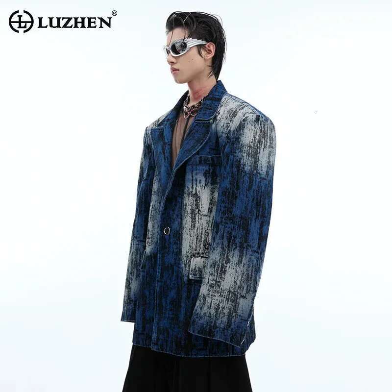 Tie Dye Vintage Design Shoulder Padded Suit Jacket Denim Blazer Coats Male Original Personalized Trendy Streetwear