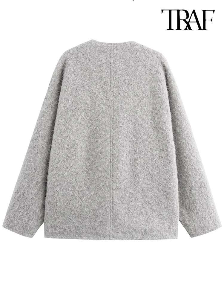 TRAF Women's Fashion 2024 Fall Winter In Europe And The United States New Loose Casual Solid Color V-Neck Tie Jacket