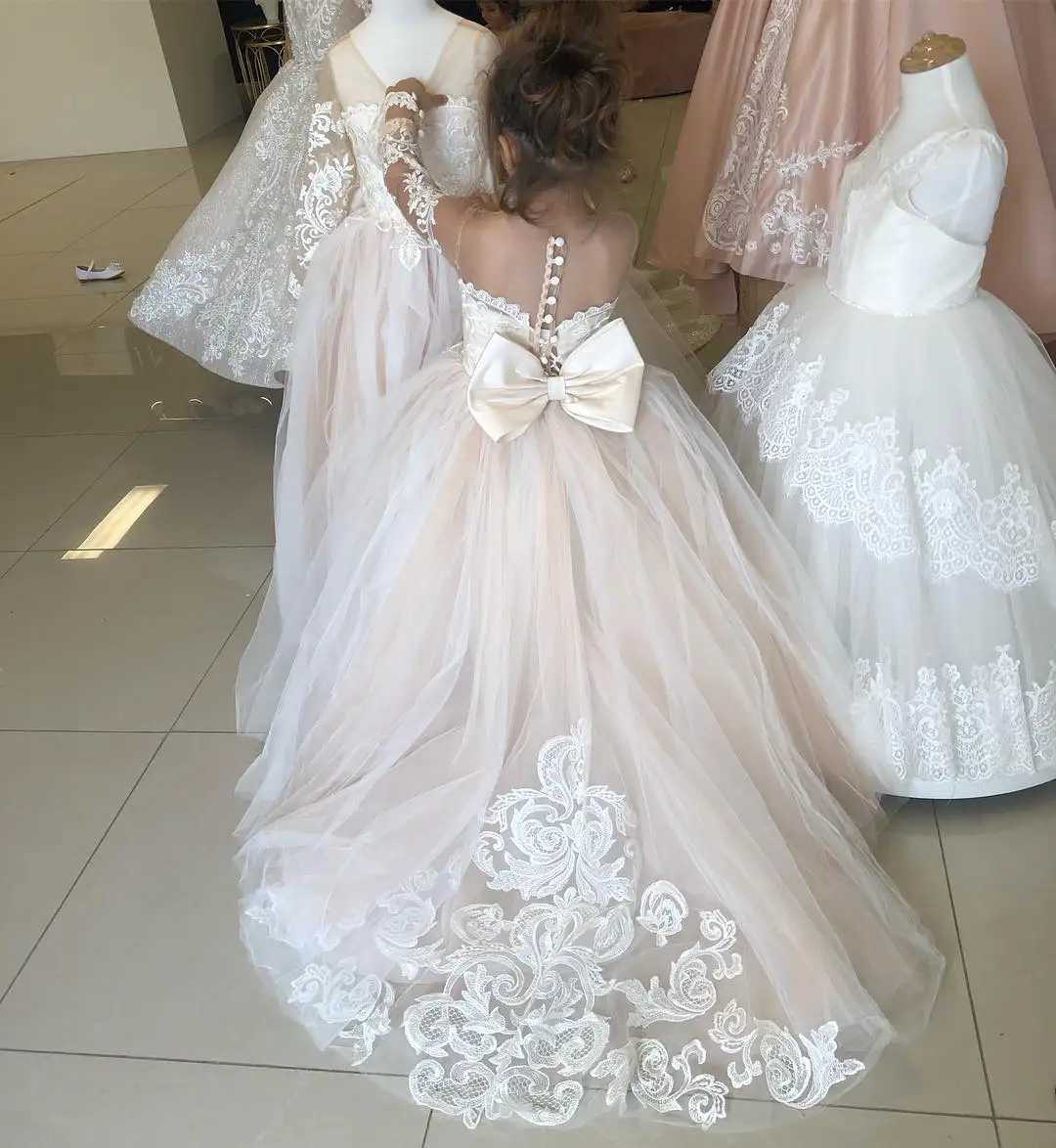 BABYONLINE Long Sleeve Flower Girl Dresses For Wedding Guest Kids Bridesmaid With Bow White Ivory Lace Tulle First CommunionXJ250108
