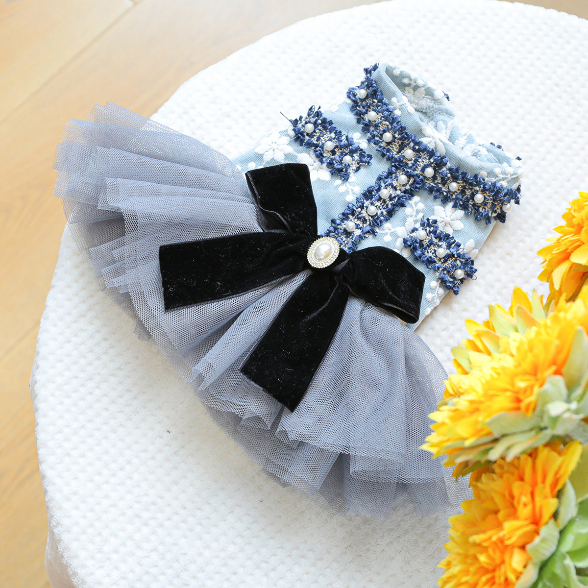 Pet Clothing Cat Autumn/Winter Grey Blue Fragrant Skirt Dress Wedding Dress Suitable for Small and Medium sized Dogs