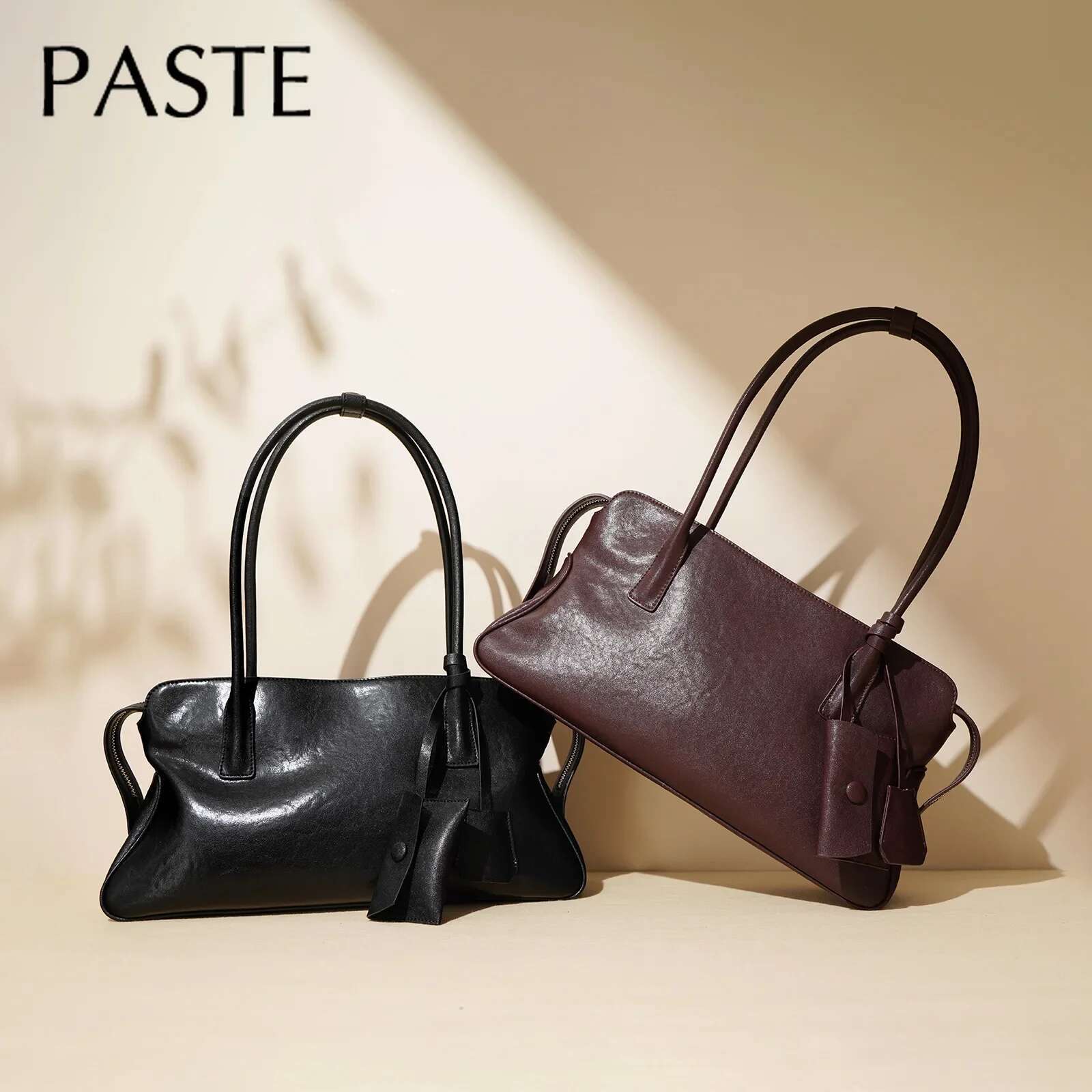 Retro Design Women Top-Handle Handbag With Wallet Vegetable Tanned Cow Leather Long Strap Female Armpit Shoulder Bag