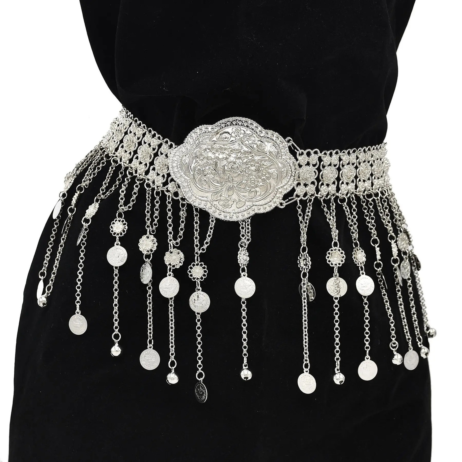 Vintage Oxidized Silver Color Metal Belly Chains for Women Ethnic Coin Long Tassel Dance Dress Waist Body Chain Gypsy Indian 250107