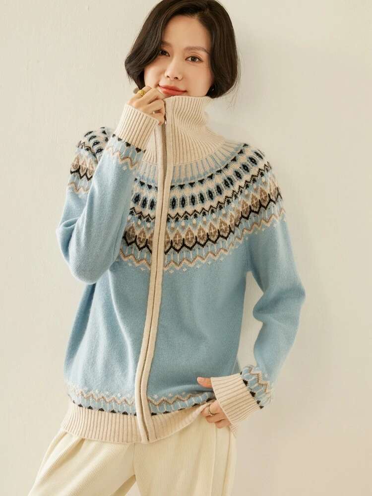 Women Fair Isle Sweater Cardigans Zippers Thick Loose Clothes Autumn Winter 100% Cashmere Knitwear Warm Polo Collar Top