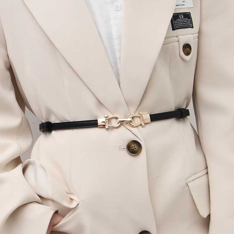 Adjustable PU leather womens dress with thin waist belt and gold buckle womens waist belt W250109