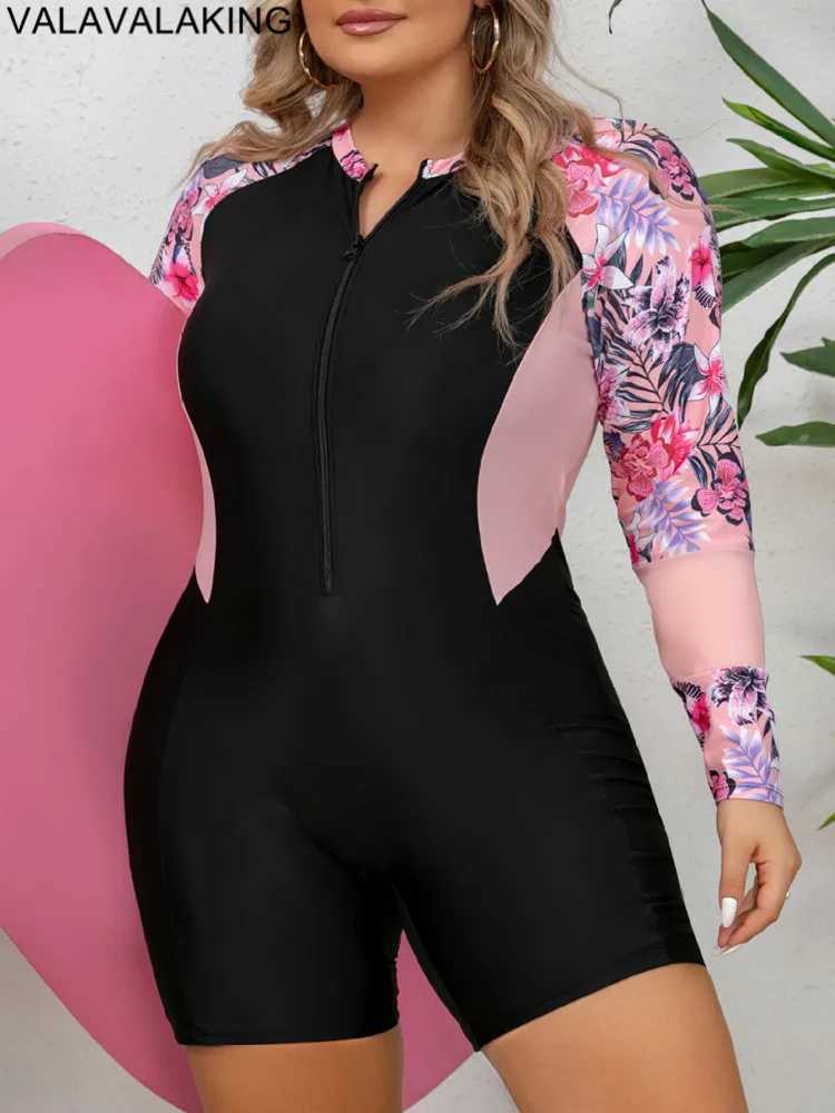 2025 Patchwork Plus Size Swimwear Women Long Seve Large One Piece Swimsuit Lady Brazilian Swimwear Curvy Chubby Bathing SuitXJ240108