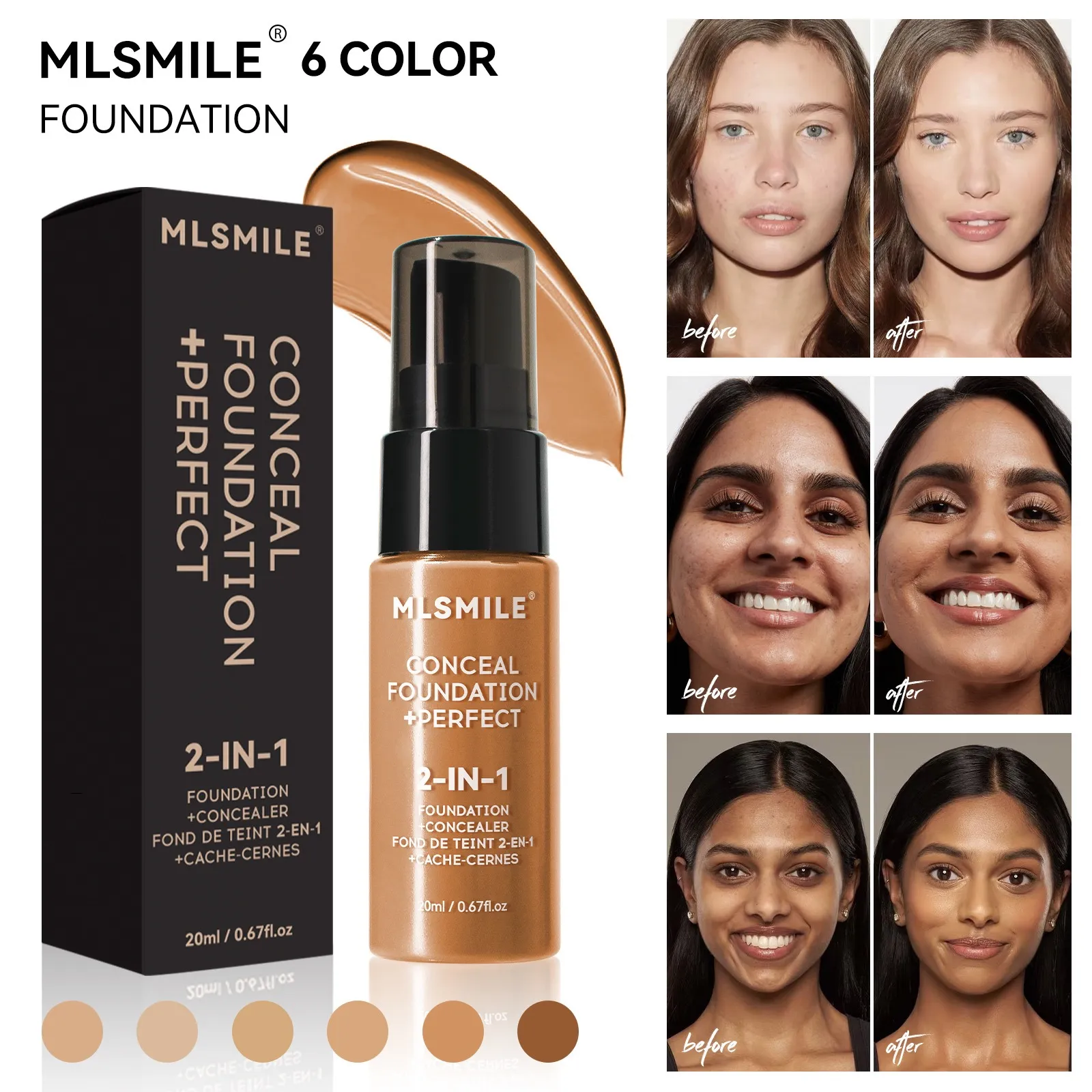 20ml MLSMILE CONCEAL FOUNDATION PERFECT 2in 1 FOUNDATION CONCEALER 6 Colors Face Makeup Concealer