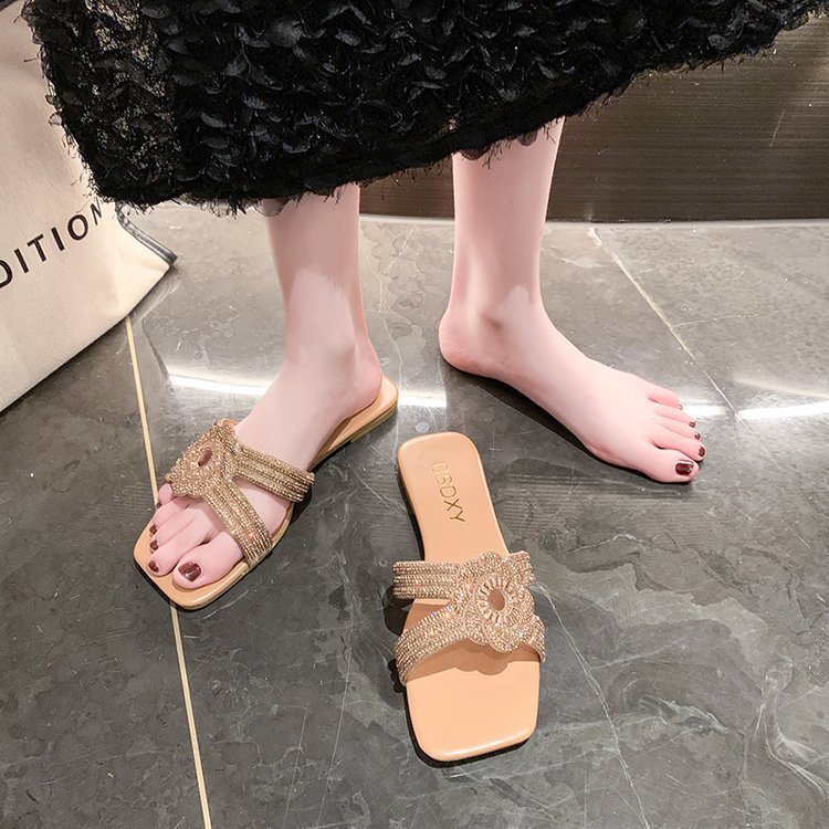 Women Slippers Fashion Flat Bottom Designer Shoes Plus Size Diamond Outerwear Square Toe Triple Black Beige Khaki Free shipping
