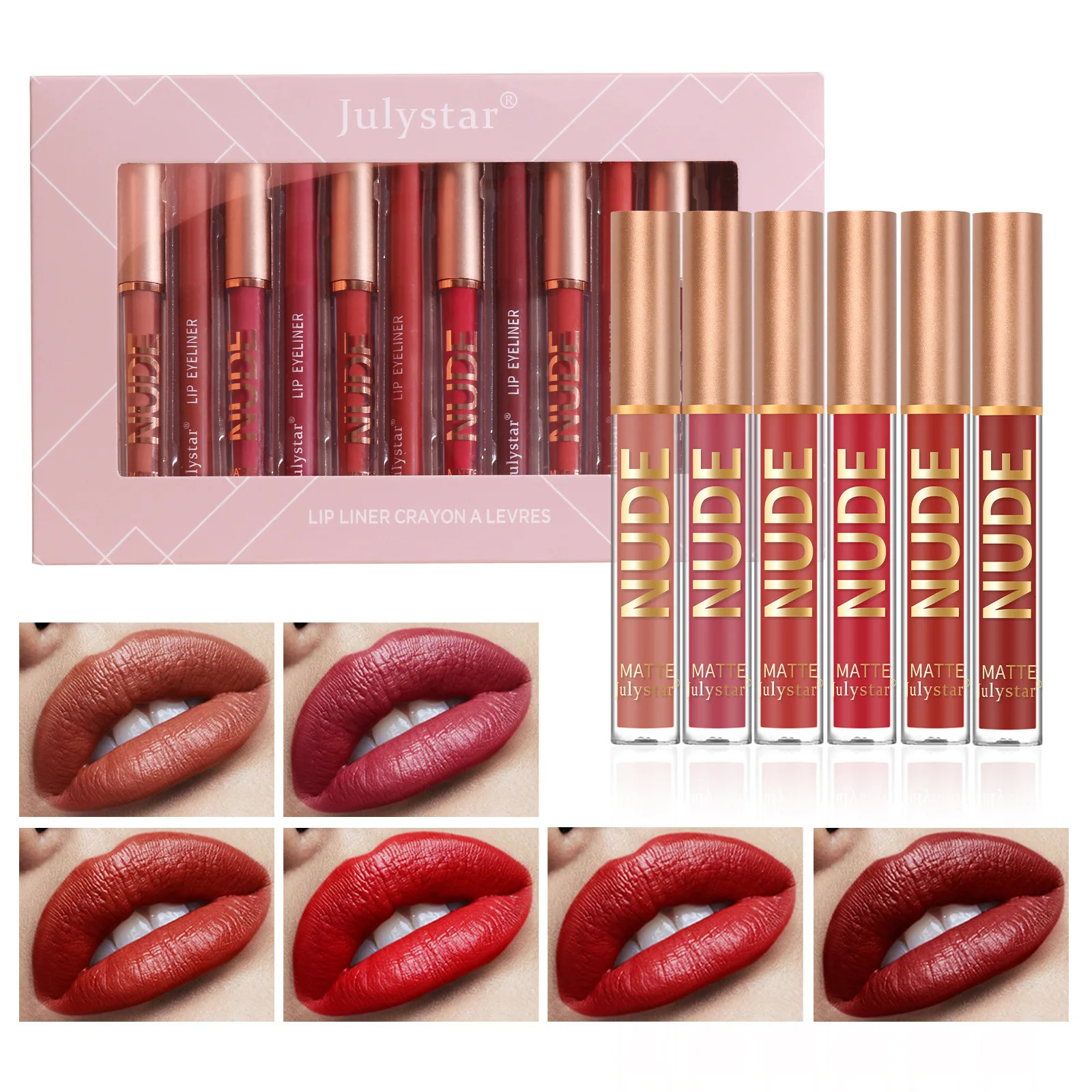 Non-stick lipstick pen cross-border waterproof long-lasting matte lip gloss lip liner 6 lip glazes 6 lip liners 250108