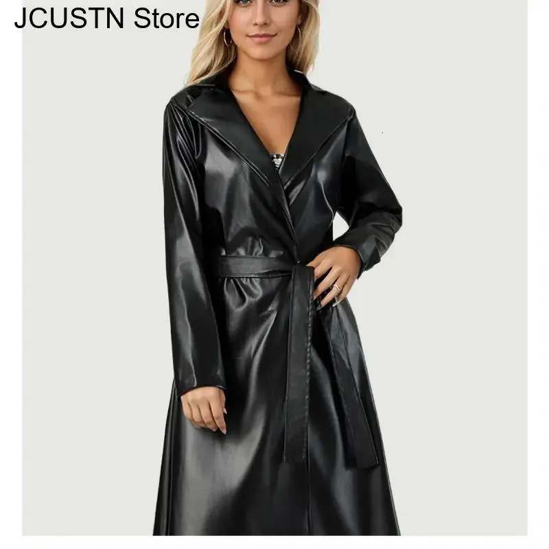 Long Faux Pu Leather Trench Coat Women Black Lapel Loose Fit Fall Stylish Jackets Casual Elegant Y2K Maxi Windbreak 250103