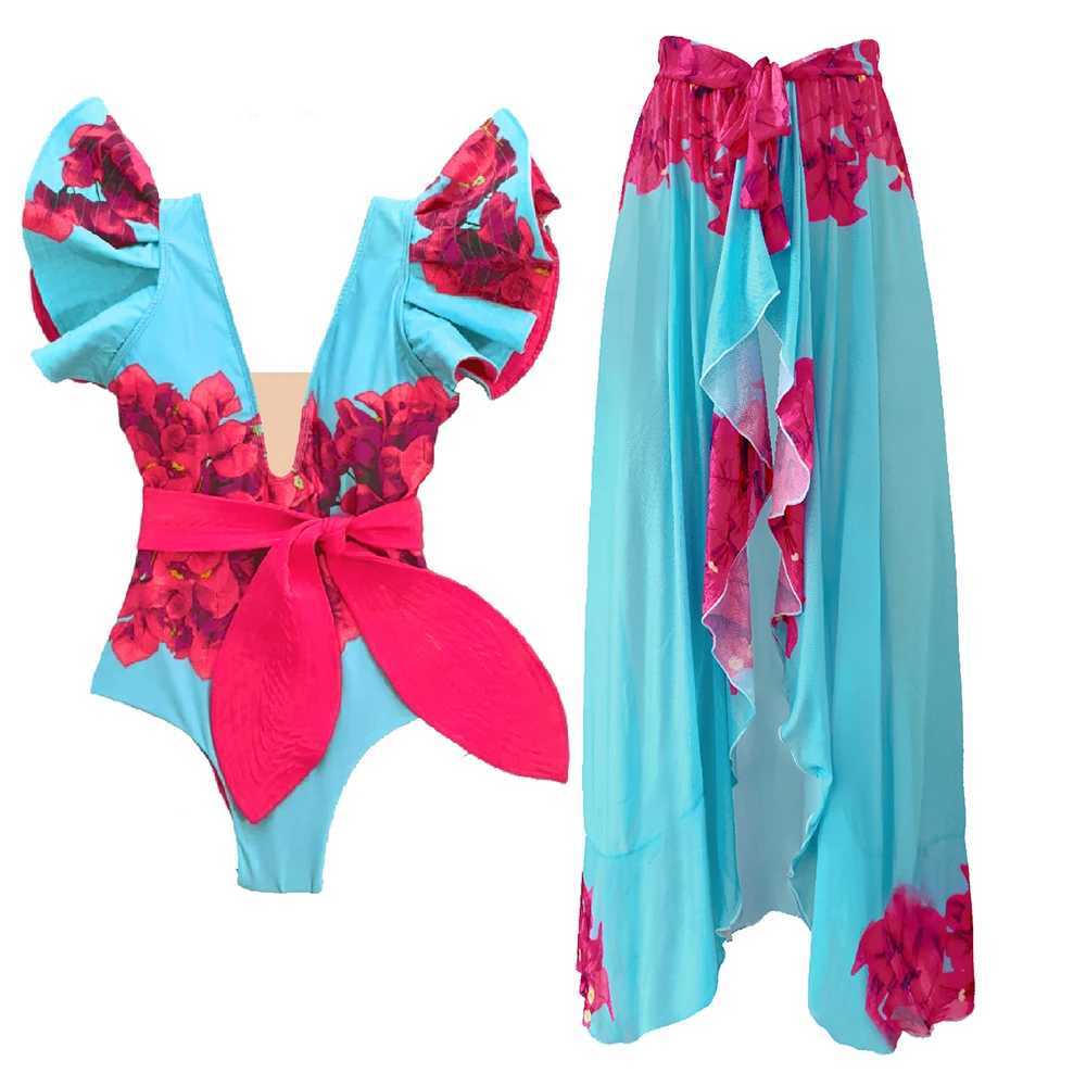 Ashgaily 2024 Ruff One Piece Swimsuit Women Swimwear with Belt Push Up Monokini Swim Suit Print Bathing Suit BeachwearXJ240108