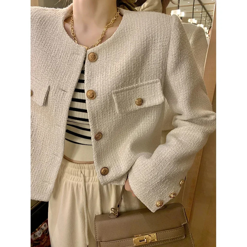 Cropped Tweed Jacket Women Vintage Aesthetic Korean Fashion Harajuku Chic-Elegant Jackets Autumn Winter Cardigan Coat 250109