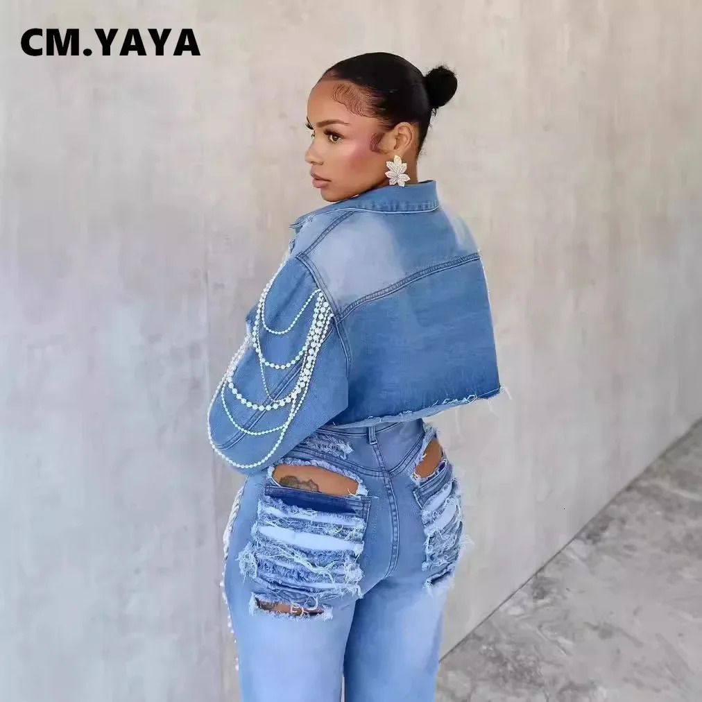 CMYAYA Pearl chain Long Sleeve Women Denim Jackets Turndown Collar Ripped out Coat Single Breasted Street INS Tops 250109
