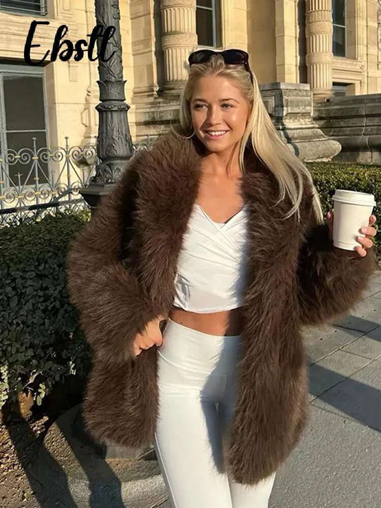 Vintage Fluffy Faux Fur Coat Women Solid Warm Lapel Button Long Sleeve Thicken Overcoat 2024 Winter New Lady Casual Streetwear