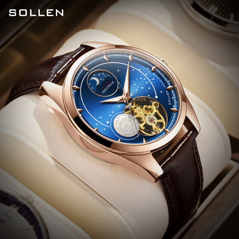 Men's Star Moon Design Mechanical Watch with Leather Strap
