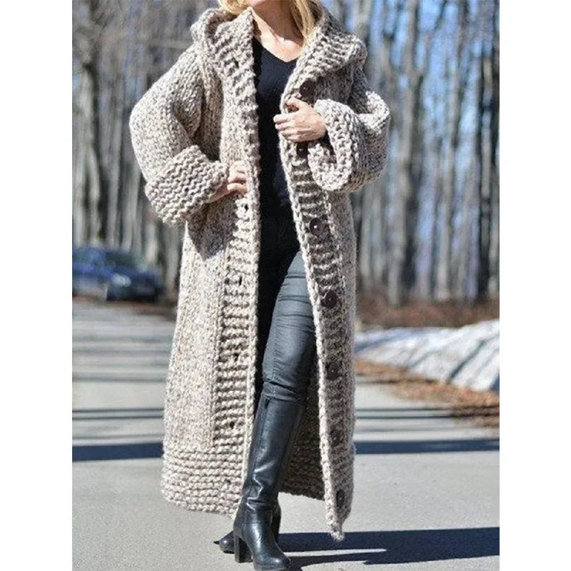 Cardigan Women Hooded Knit Sweater Thick Coat Button Long Jumpers Solid Elegant Loose Coats Jumpers Casual Lady Winter 250106