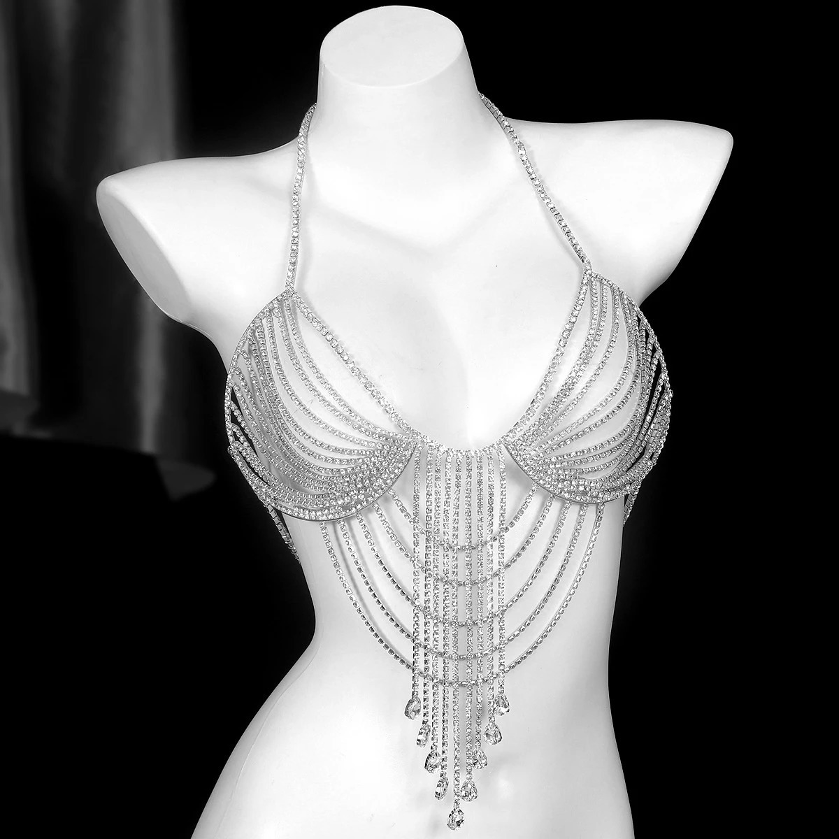 Light Multilayer Hollow Out Water Droplet Tassels Rhinestone Chest Chain Nightclub Body Chain 250107