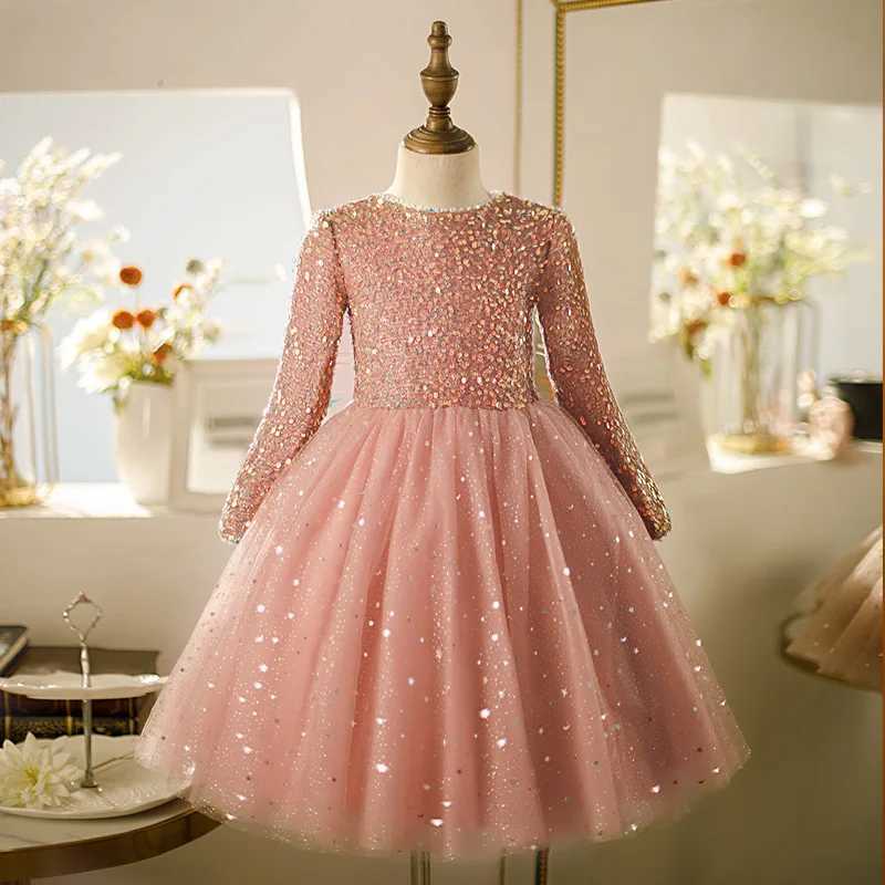 Sequin Flower Girl Dress For Wedding Princess Shining Pink Tulle Puffy With Bow Cute Kids Baby Birthday Par Dress Ball GownXJ250108
