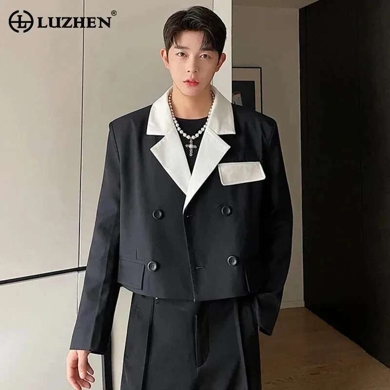 Korean Original Fashion Color Contrast Collar Design Short Blazer Coat Men's New Casual Trendy Elegant Jacket