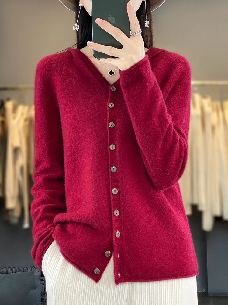 Addonee Spring Autumn Women 100% Merino Wool Hooded Sweater Cashmere Cardigan Hoodies Knittwear Basic Quality Clothing Tops 250106