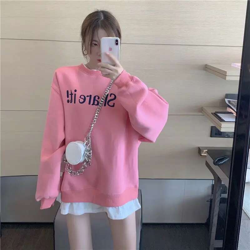 Autumn Winter New Korean Fleece Fake Two Pieces Sweatshirts Ladies Loose All-match Long Sleeve Top Tee Women's Letter Pullovers