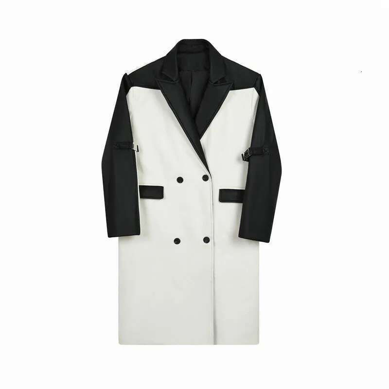 Korean Stylish Long Windbreaker Coat Men's Autumn Color Contrast Splicing Design Trendy Original Leather Outerwear C98683