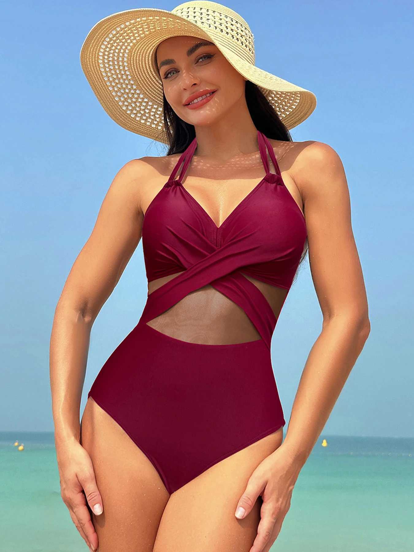 2024 New Sexy Plus Size Swimwear Women One Piece Swimsuit Fa Mesh Patchwork Bathing Suit Beachwear Halter Push Up MonokiniXJ240108