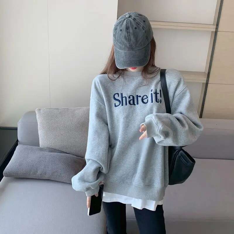 Autumn Winter New Korean Fleece Fake Two Pieces Sweatshirts Ladies Loose All-match Long Sleeve Top Tee Women's Letter Pullovers