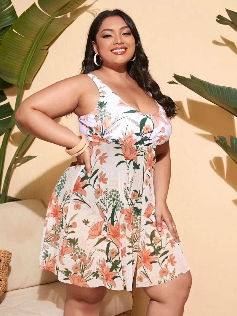 Large Size Plant Print Ruff H One Piece Swimsuit Plus Swimwear Fa Bathers Bathing Swimming Suit Summer BeachwearXJ240108