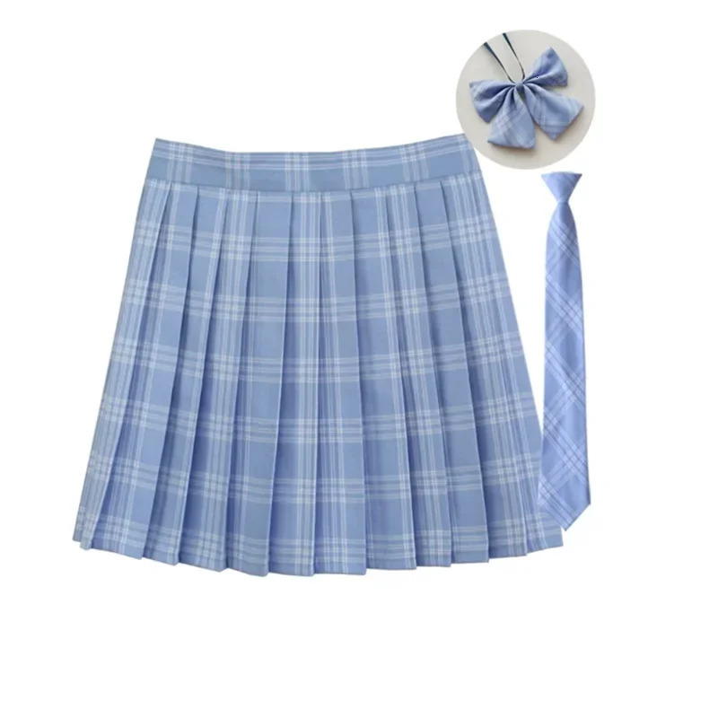 Women Summer Plaid Pleated Skirt With Necktie Bowtie Korean Jk Uniform Japanese School Preppy A Line Mini Skirts 250106