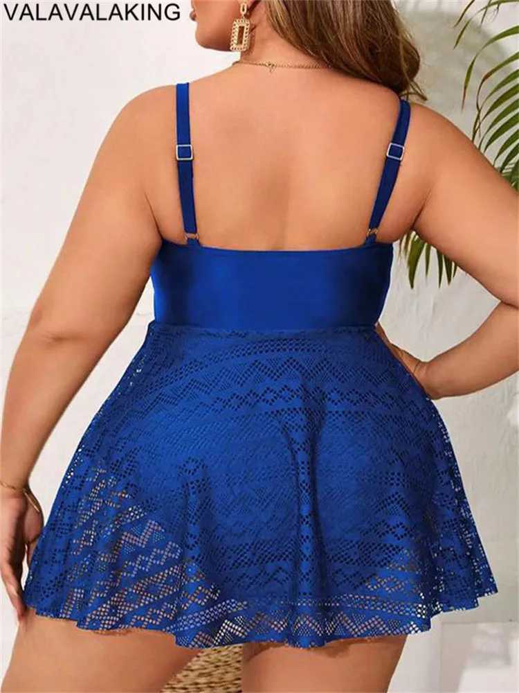2025 Lace Patchwork Plus Size Swimwear Women Solid Strapped Large One Piece Swimsuit Brazilian Lady Chubby Curvy Bathing SuitXJ240108