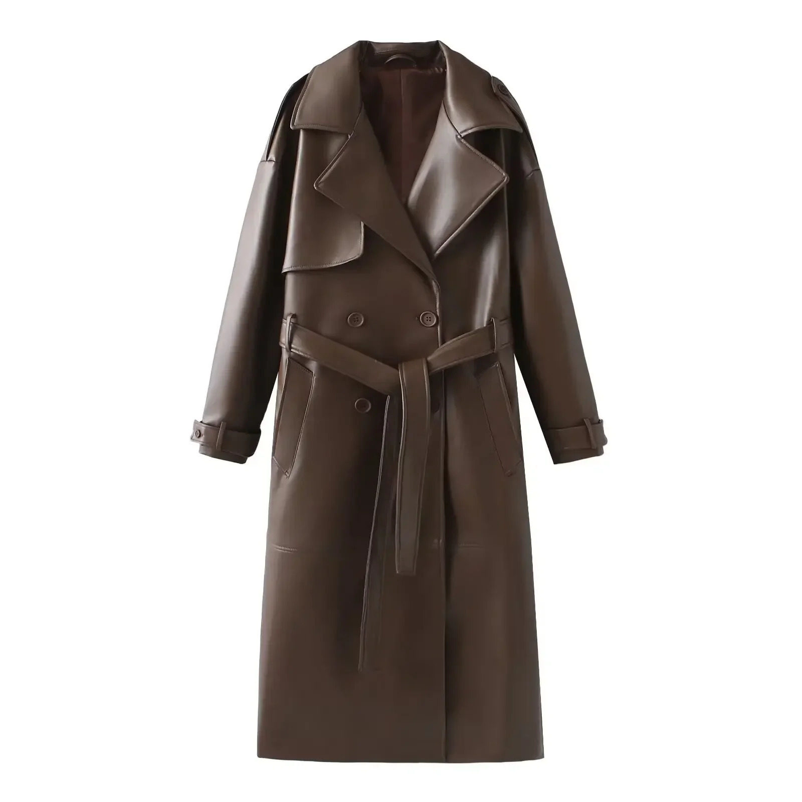 Womens Burgundy Leather Long Coat 2024 Fashion Lapel Vintage Overcoat with Belt Autumn Winter Chic Warm Solid Outerwear 250103
