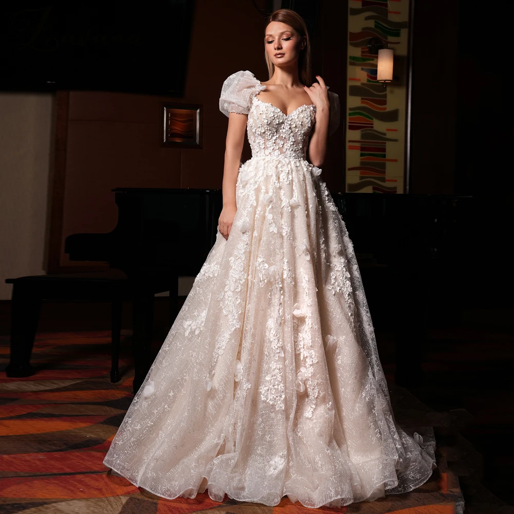 A-e Lace Applique Bridal Gown with Sweetheart Necke & Short Sleeves - Sweep Train, Customized Wedding Dress