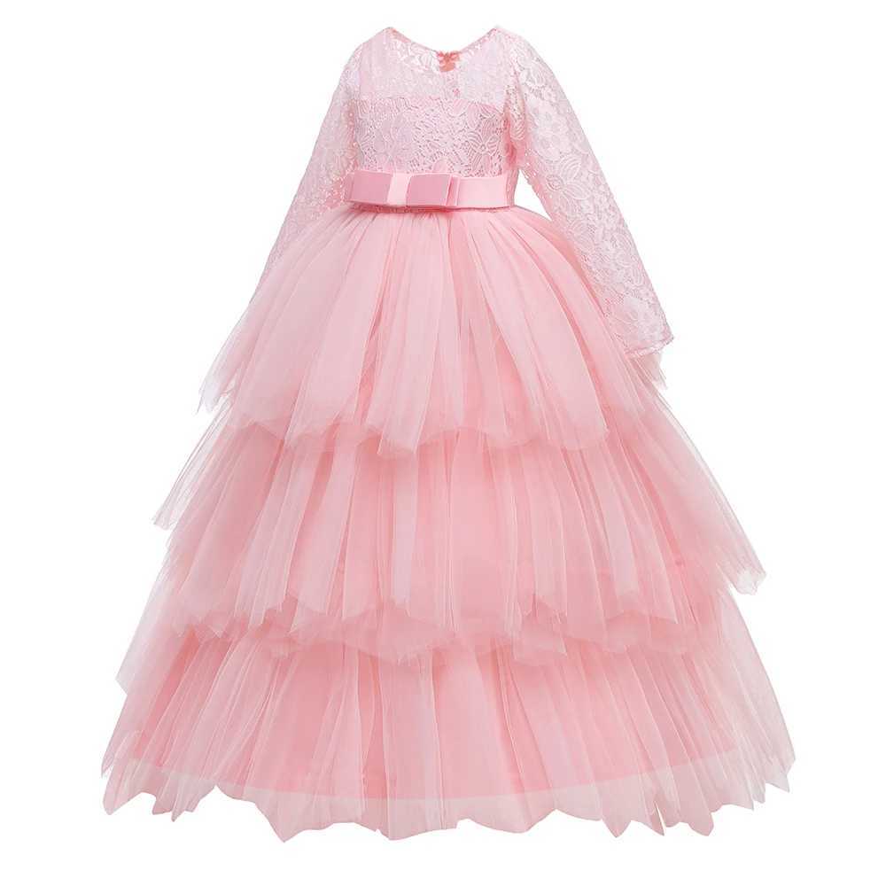 Formal Cake Lace White Bridesmaid Dress for Girl Long Sleeve Wedding Par Princess Dress Pageant Gown Children Costume 14 YearsXJ250108