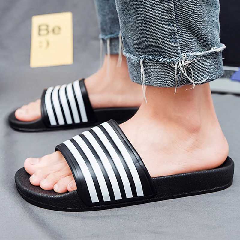Slippers brand mens summer striped pool slider couple casual slider beach large-size sandals unprinted shoes indoor bedroom shoes M250108